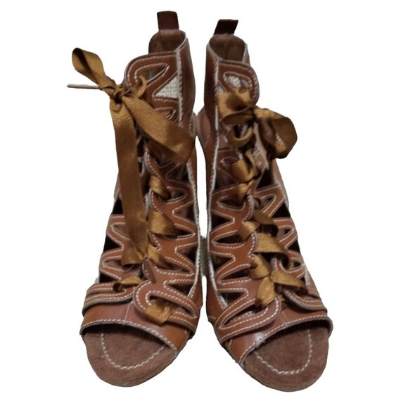 Eldita's 4" Lace Up Gladiator Heels Tan Stiletto Sz 8.5 M Womens Open-Toe Molded - Picture 5 of 8